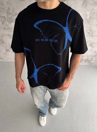 Erkek Kısa Kol Yazlık Tişört Bisiklet Yaka Baskılı Oversize T-Shirt - Siyah