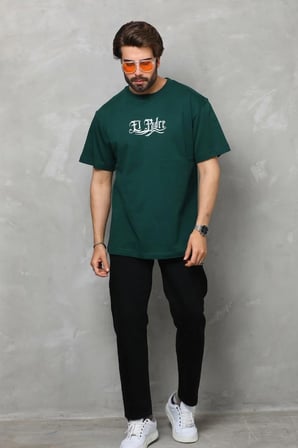 Erkek Kısa Kol Yazlık Tişört Bisiklet Yaka Baskılı Oversize T-Shirt - Yeşil