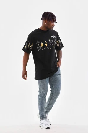 Erkek Kısa Kol Yazlık Tişört Bisiklet Yaka Baskılı Oversize T-Shirt - Siyah