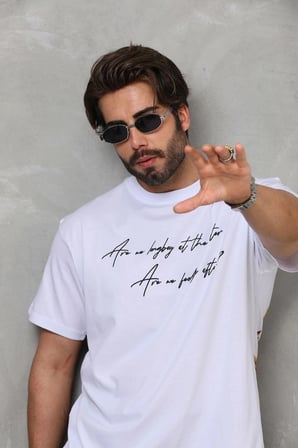 Erkek Kısa Kol Yazlık Tişört Bisiklet Yaka Baskılı Oversize T-Shirt - Beyaz