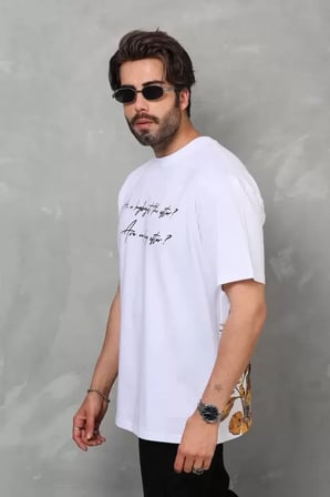 Erkek Kısa Kol Yazlık Tişört Bisiklet Yaka Baskılı Oversize T-Shirt - Beyaz