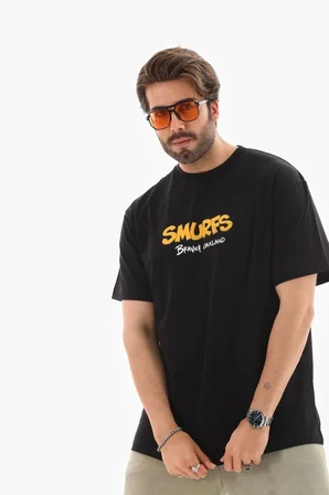 Erkek Kısa Kol Yazlık Tişört Bisiklet Yaka Baskılı Oversize T-Shirt - Siyah