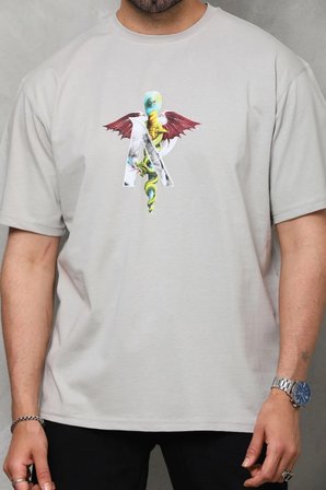 Erkek Baskılı T-Shirt Kısa Kol Bisiklet Yaka Regular Fit Rahat Kalıp Tişört -  Gri