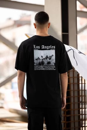 Erkek Kısa Kol Yazlık Tişört Bisiklet Yaka Baskılı Oversize T-Shirt - Siyah