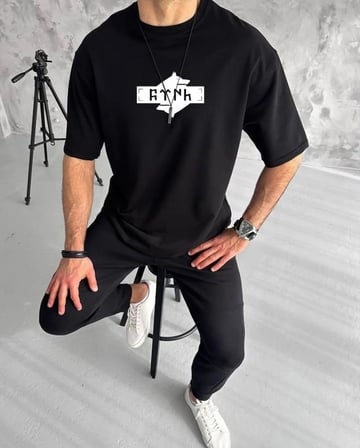 Erkek Kısa Kol Yazlık Tişört Bisiklet Yaka Baskılı Oversize T-Shirt - Siyah