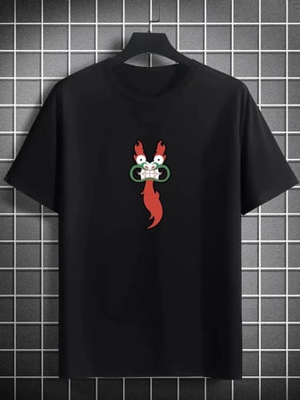 Erkek Baskılı T-Shirt Kısa Kol Bisiklet Yaka Regular Fit Rahat Kalıp Günlük Tişört- Siyah