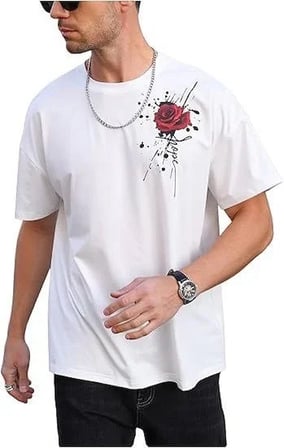 Erkek Kısa Kol Yazlık Tişört Bisiklet Yaka GÜL Baskılı T-Shirt - Beyaz