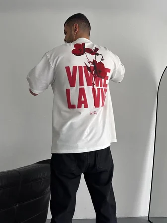 Erkek Ön ve Arka Baskılı T-Shirt Kısa Kol Bisiklet Yaka Regular Fit Tişört - Beyaz