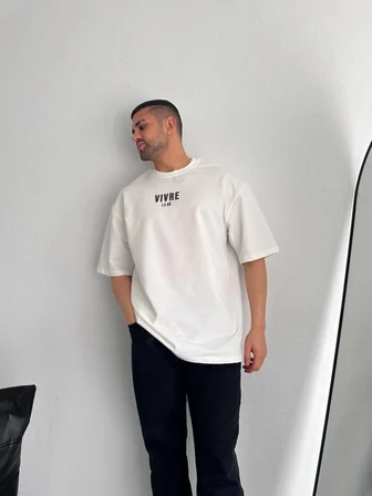Erkek Ön ve Arka Baskılı T-Shirt Kısa Kol Bisiklet Yaka Regular Fit Tişört - Beyaz