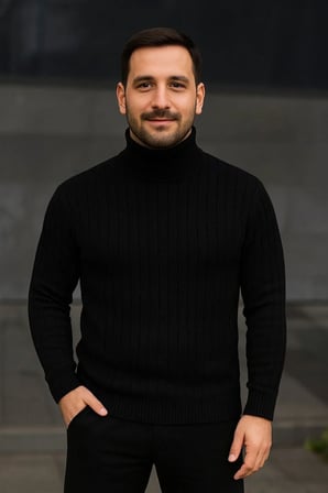 Erkek Fitilli Kazak Tam Boğazlı Balıkçı Yaka Triko 2'li Set Bej-Siyah
