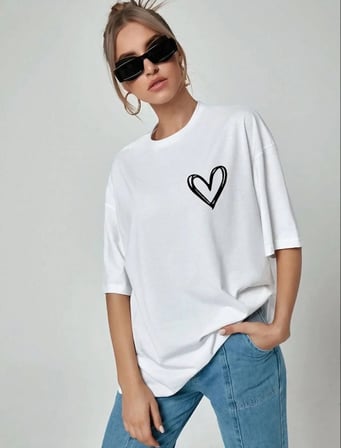 Kadın Tişort Kalp Baskılı Bisiklet yaka Kısa kol T-Shirt - Beyaz