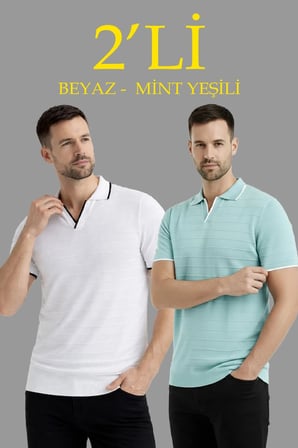 Erkek Kısa kol Fitilli Triko Polo Yaka Düğmesiz T-shirt 2'li Set Beyaz-Mint Yeşili