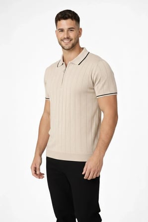Erkek Triko Tişört Fermuarlı Polo Yakal Yazlık Kısa Kol T-Shirt 2’li Set Bej-Siyah