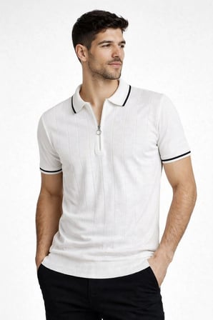 Erkek Triko Tişört Fermuarlı Polo Yaka Kısa Kol T-Shirt 3’lü Set Beyaz-Haki-Siyah