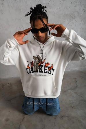 Erkek 3 İplik Pamuklu Kapüşonlu Baskılı Cepli Oversize Sweatshirt Hoodie - Beyaz