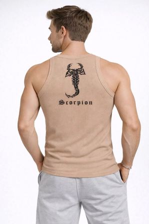Erkek Spor Slimfit Fitilli Kaşkorse Arka Basklı Atlet 2'li Set Kahverengi-Beyaz