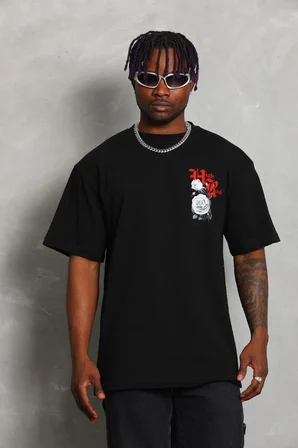 Erkek Kısa Kol Yazlık Tişört Bisiklet Yaka Baskılı Oversize T-Shirt - Siyah