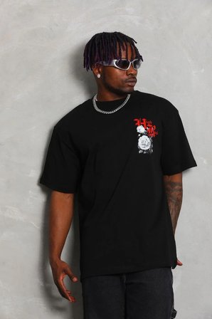 Erkek Kısa Kol Yazlık Tişört Bisiklet Yaka Baskılı Oversize T-Shirt - Siyah