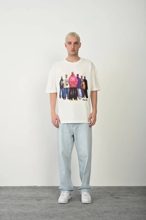 Erkek Baskılı T-Shirt Kısa Kol Bisiklet Yaka Rahat Kalıp Tişört - Beyaz