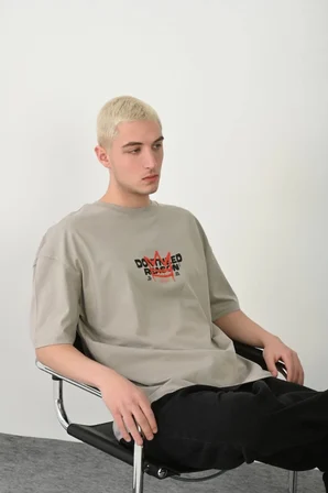 Erkek Baskılı T-Shirt Kısa Kol Bisiklet Yaka Rahat Kalıp Tişört  - Boyalı Gri