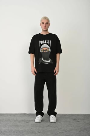 Erkek Baskılı T-Shirt Kısa Kol Bisiklet Yaka Rahat Kalıp Tişört - Siyah