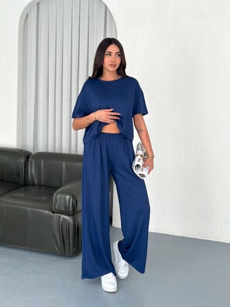 Kadın Osy Modal Yumuşak Dokulu Kumaş Bisiklet Yaka T-shirt Pantolon ikili Takım -Saks Mavisi