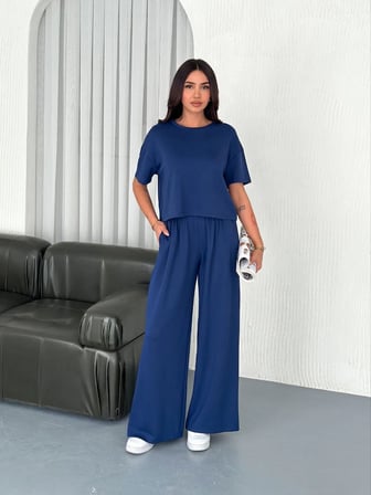 Kadın Osy Modal Yumuşak Dokulu Kumaş Bisiklet Yaka T-shirt Pantolon ikili Takım -Saks Mavisi