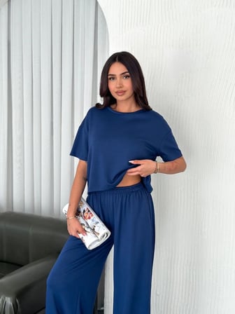 Kadın Osy Modal Yumuşak Dokulu Kumaş Bisiklet Yaka T-shirt Pantolon ikili Takım -Saks Mavisi