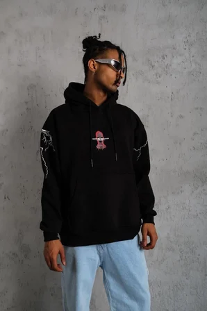 Erkek Kapüşonlu Kanguru Cepli Sweatshirt 3 İplik Pamuklu Baskılı Hoodie - Siyah