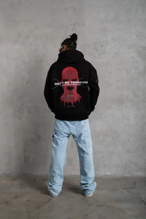 Erkek Kapüşonlu Kanguru Cepli Sweatshirt 3 İplik Pamuklu Baskılı Hoodie - Siyah