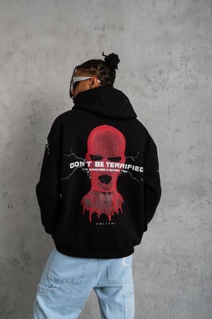 Erkek Kapüşonlu Kanguru Cepli Sweatshirt 3 İplik Pamuklu Baskılı Hoodie - Siyah