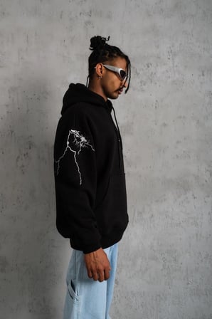 Erkek Kapüşonlu Kanguru Cepli Sweatshirt 3 İplik Pamuklu Baskılı Hoodie - Siyah