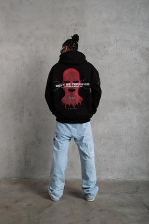 Erkek Kapüşonlu Kanguru Cepli Sweatshirt 3 İplik Pamuklu Baskılı Hoodie - Siyah