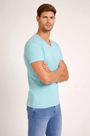 Erkek Body T-shirt V Yaka Slim Fit Likralı Kısa kol Tişört - Turkuvaz