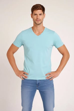 Erkek Body T-shirt V Yaka Slim Fit Likralı Kısa kol Tişört - Turkuvaz