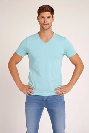Erkek Body T-shirt V Yaka Slim Fit Likralı Kısa kol Tişört - Turkuvaz