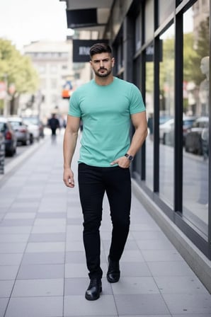 Erkek Body Tişört Bisiklet Yaka Slim Fit Likralı T-Shirt - Turkuvaz