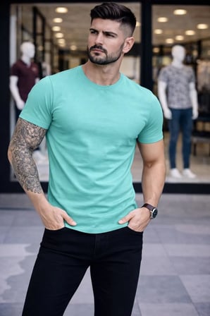 Erkek Body Tişört Bisiklet Yaka Slim Fit Likralı T-Shirt - Turkuvaz
