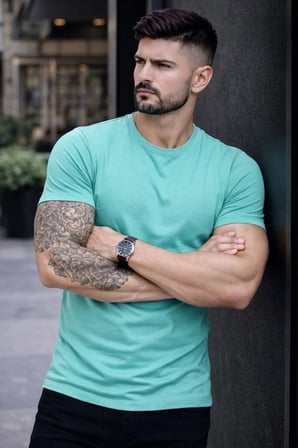 Erkek Body Tişört Bisiklet Yaka Slim Fit Likralı T-Shirt - Turkuvaz