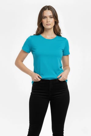 Kadın T-Shirt Bisiklet Yaka Slim Fit Likralı Tişört Yazlık Basic Body - Turkuvaz