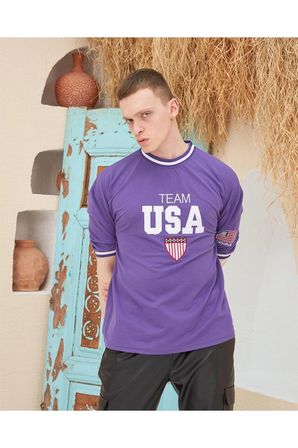 Erkek Bisiklet Yaka Tişört Nakış İşlemeli Kısa Kol Oversize T-Shirt - Mor