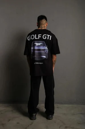 Erkek Oversize Tişört Golf GTI Retro Araba Baskılı T-shirt - Siyah
