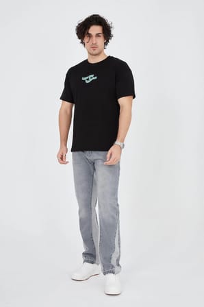 Erkek Baskılı T-Shirt Kısa Kol Bisiklet Yaka Regular Fit Rahat Kalıp Günlük Tişört - Siyah