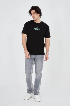Erkek Baskılı T-Shirt Kısa Kol Bisiklet Yaka Regular Fit Rahat Kalıp Günlük Tişört - Siyah