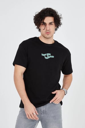 Erkek Baskılı T-Shirt Kısa Kol Bisiklet Yaka Regular Fit Rahat Kalıp Günlük Tişört - Siyah