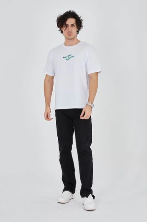 Erkek Baskılı T-Shirt Kısa Kol Bisiklet Yaka Regular Fit Rahat Kalıp Günlük Tişört - Beyaz