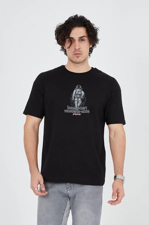 Erkek Baskılı T-Shirt Kısa Kol Bisiklet Yaka Regular Fit Rahat Kalıp Günlük Tişört - Siyah