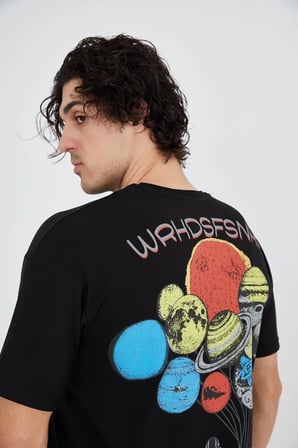 Erkek Baskılı T-Shirt Kısa Kol Bisiklet Yaka Regular Fit Rahat Kalıp Günlük Tişört - Siyah