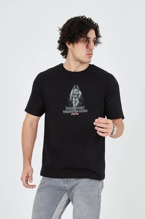 Erkek Baskılı T-Shirt Kısa Kol Bisiklet Yaka Regular Fit Rahat Kalıp Günlük Tişört - Siyah