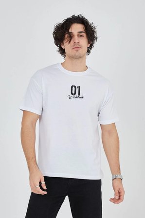 Erkek Baskılı T-Shirt Kısa Kol Bisiklet Yaka Regular Fit Rahat Kalıp Günlük Tişört - Beyaz